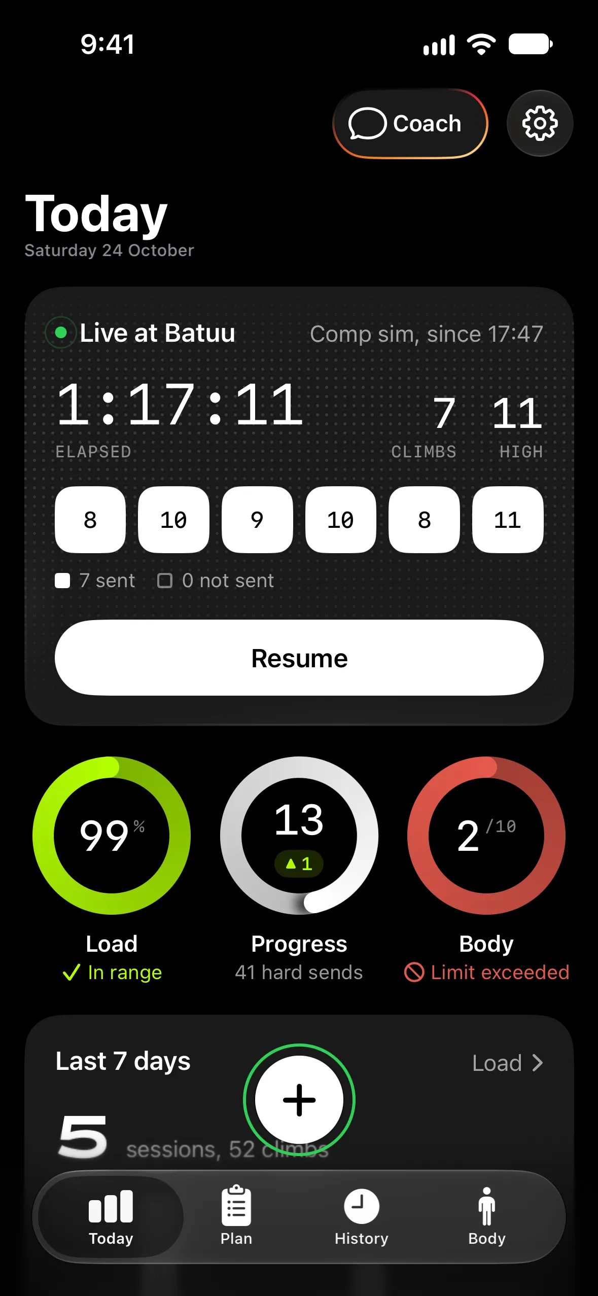 Ascent's Today screen during a live session at Batuu: 1:17 elapsed, 7 climbs, a high of 11, then Load 99% in range, Progress 13 with 41 hard sends, and Body 2 of 10 with a limit exceeded.